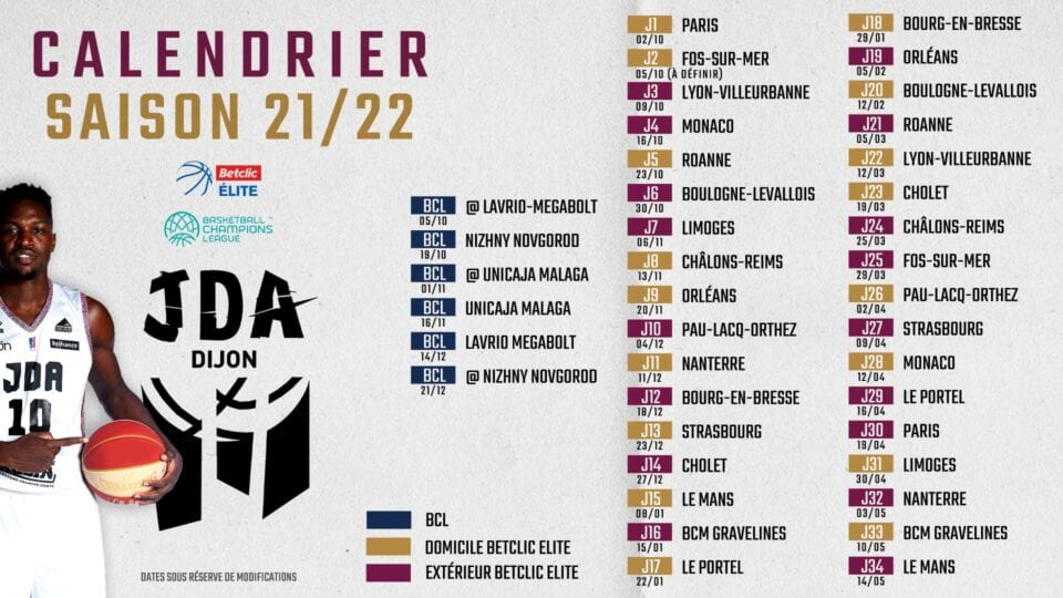 Le calendrier de la JDA Dijon pour la saison 2021/2022